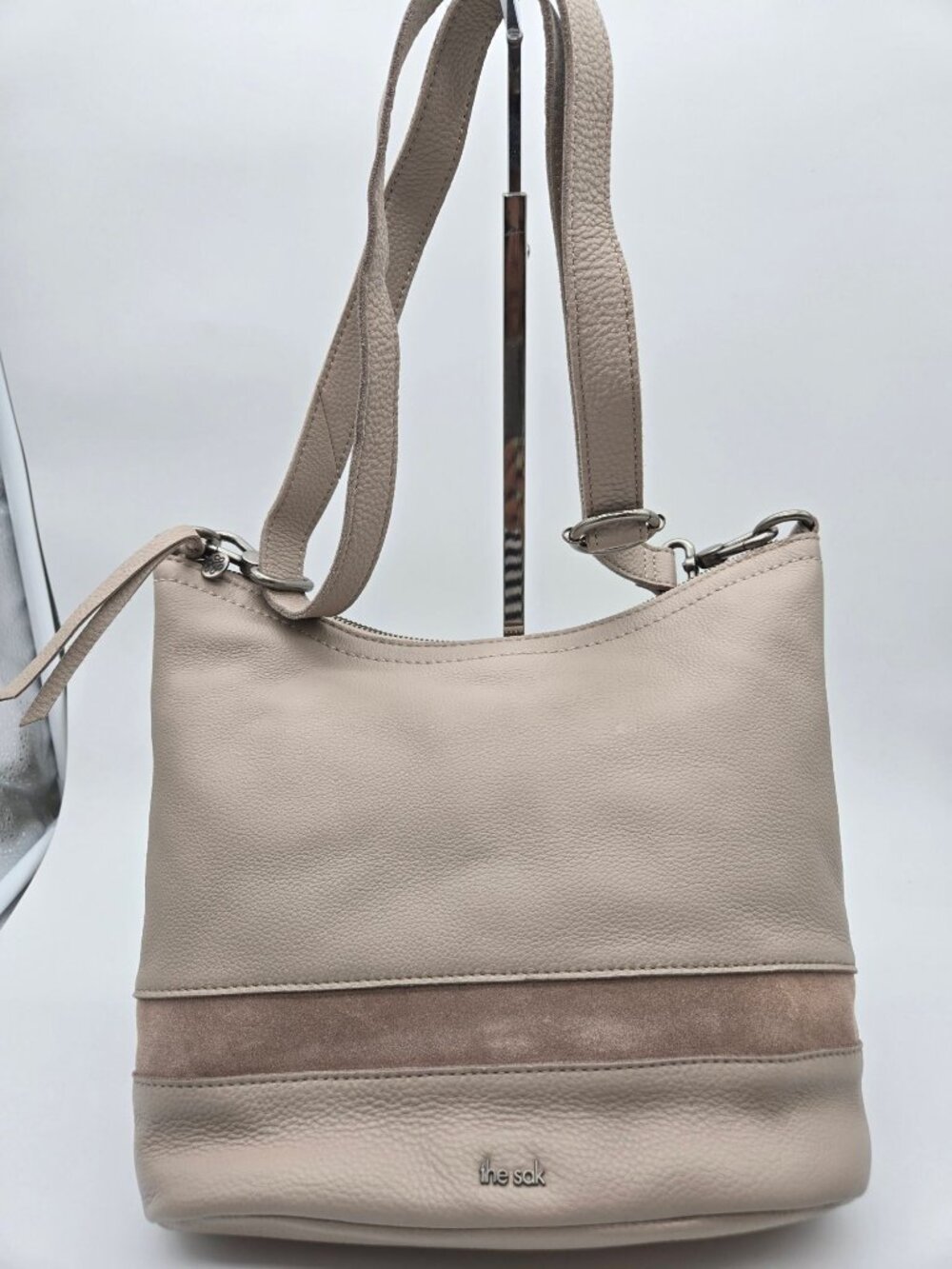 The Sak Beige Leather Crossbody Bag Suede Trim Convertible Shoulder Purse Neutra